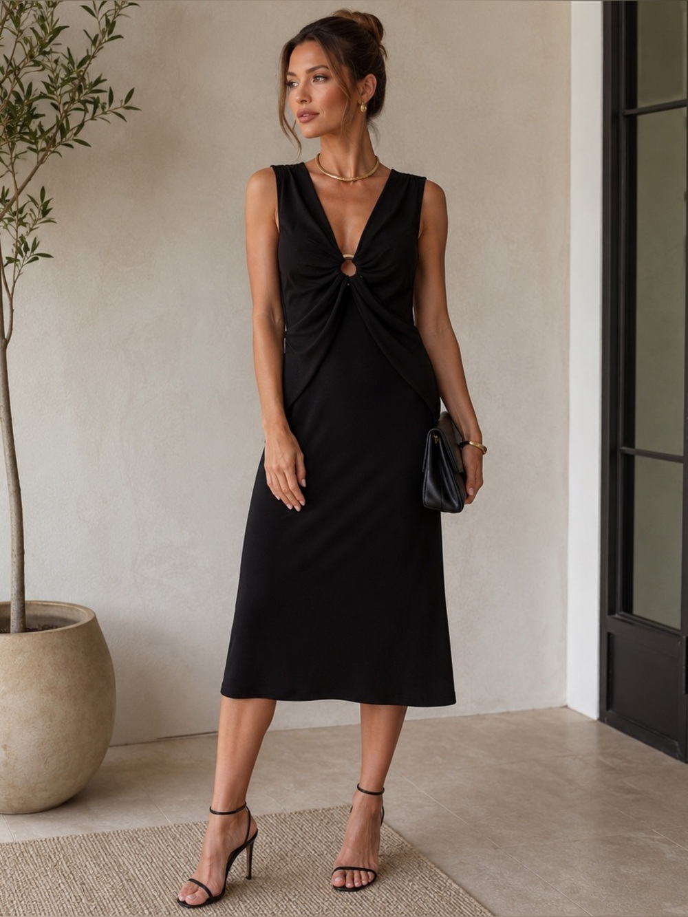 Banana Republic Women’s Size 4 Black Ring Detail Midi Sheath Dress VintageY2K